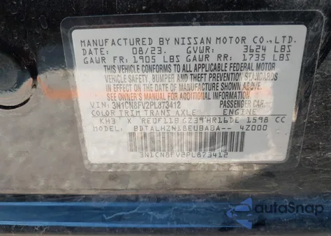 2023 Nissan Versa 1.6 Sr Xtronic Cvt from USA, damaged, VIN 3N1CN8FV2PL873412